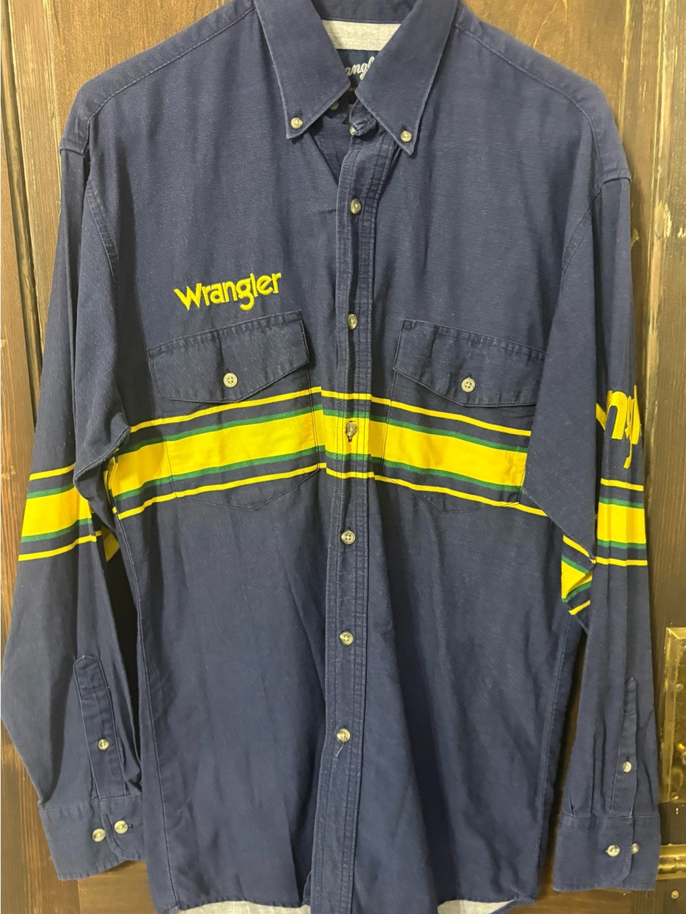 Wrangler Navy and Yellow Striped Western Shirt Dale Earnhardt Colorway